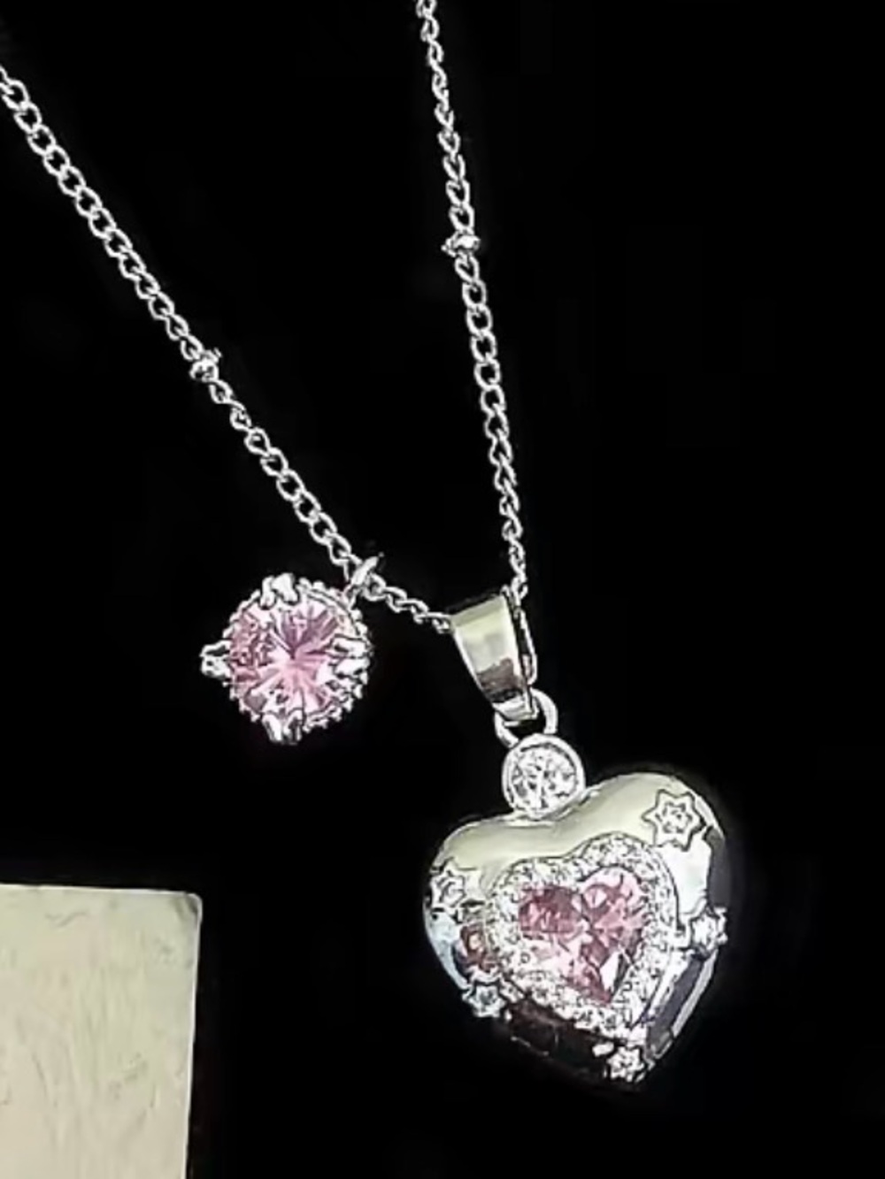 NWT Silver Toned Pink Crystal Heart Pendant Necklace Y2K